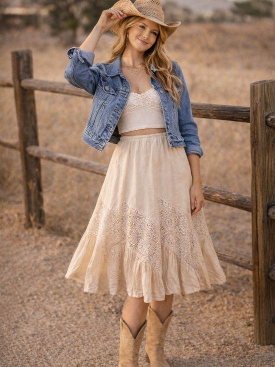 Apt. 9 Dresses & Skirts - Coastal Cowgirl Western Rodeo Festival Boho Lace Midi Skirt Cream Tiered 6